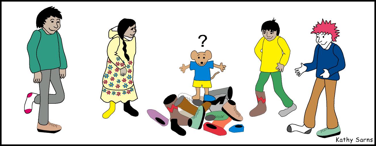 Four kids and cartoon vole each wearing one shoe - the other is in a pile in the middle of the group