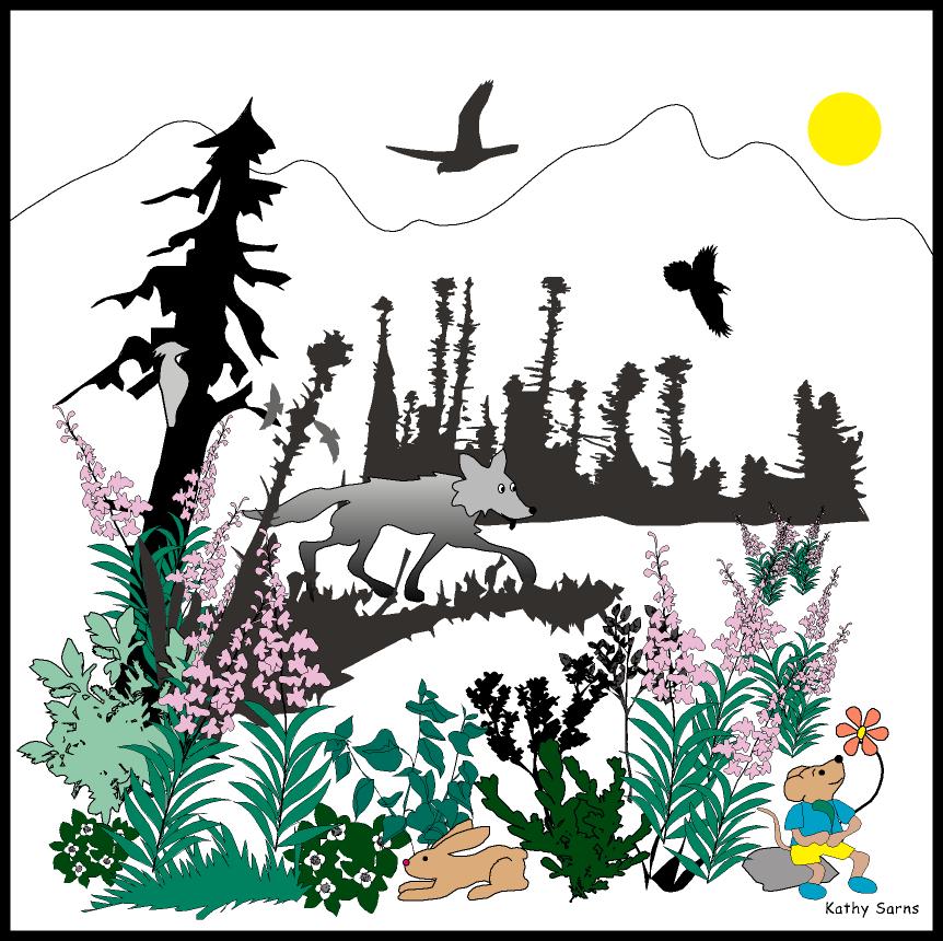 Cartoon vole, rabbit and wolf in recently burned area full of flowers