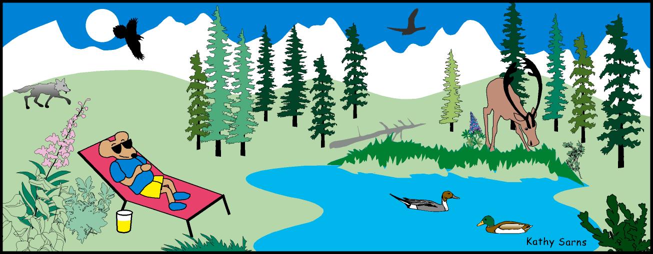 Cartoon vole sun bathing at a tundra and forest edge