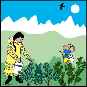 Girl and cartoon vole picking blueberries