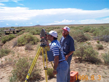 Dan Guevara, Navajo Nation Hydrologist (using the instrument) and Greg Fisk, USGS, running an indirect high-flow measurement on Jeddito Wash, Arizona.  Photographer: Robert Hart.