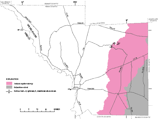 Figure 17. Map showing extent of the Jackson aquifer outcrop and subsurface extent of the aquifer.