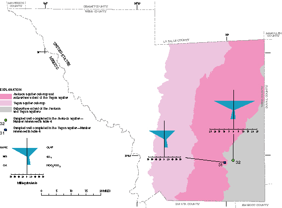 Figure 21. Map showing well locations and chemical characteristics of water from the Jackson and Yegua aquifers.