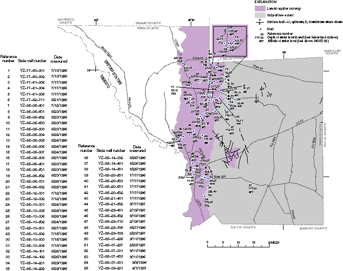Figure 26. Map showing extent of the Laredo aquifer outcrop, subsurface extent of the aquifer, and depth of water level in wells, 1996–97.