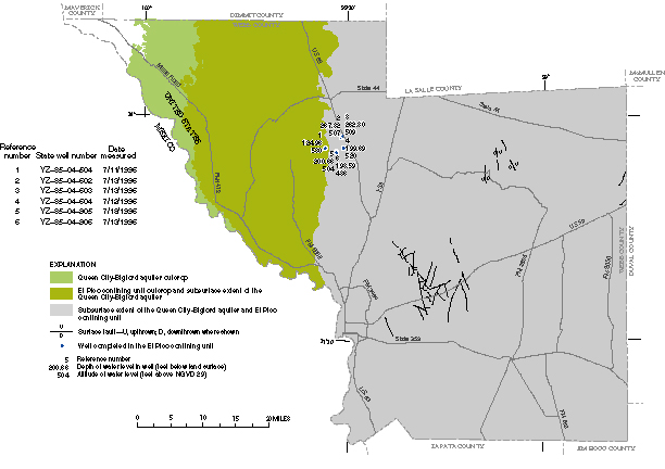 Figure 32. Map showing extent of the Queen City-Bigford aquifer and El Pico confining unit outcrops, subsurface extent of the Queen City-Bigford aquifer and El Pico confining unit, and depth of water level in wells completed in the El Pico confining unit, 1996.