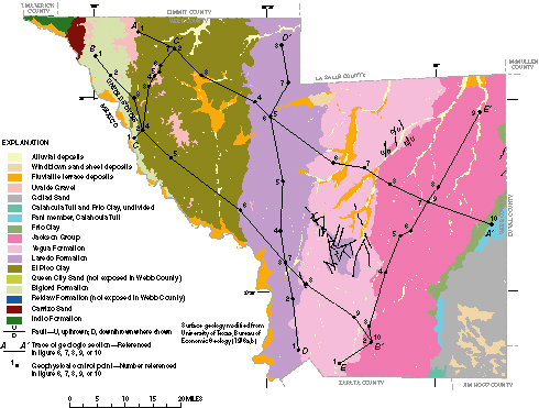 Figure 4. Map showing surface geology of Webb County and location of geologic sections.