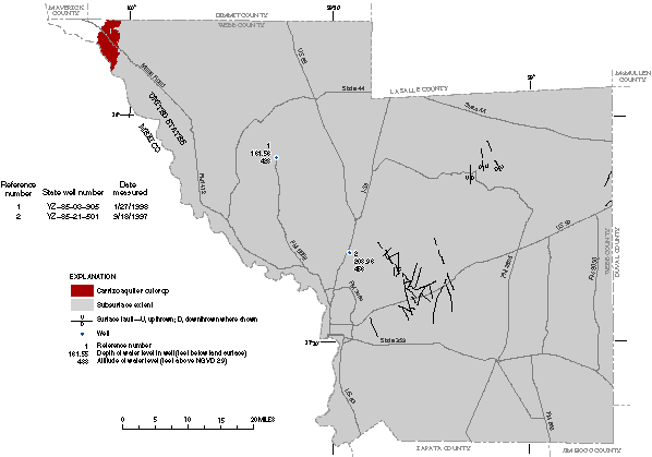 Figure 40. Map showing extent of the Carrizo aquifer outcrop, subsurface extent of the aquifer, and depth of water level in wells, 1997–98.