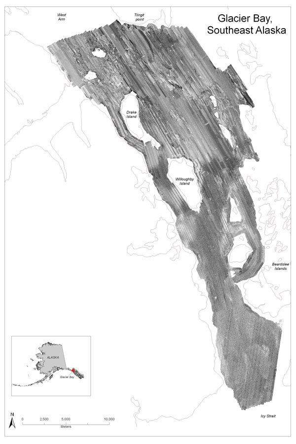 Map showing backscatter data of Glacier Bay including an inset of the State of Alaska.