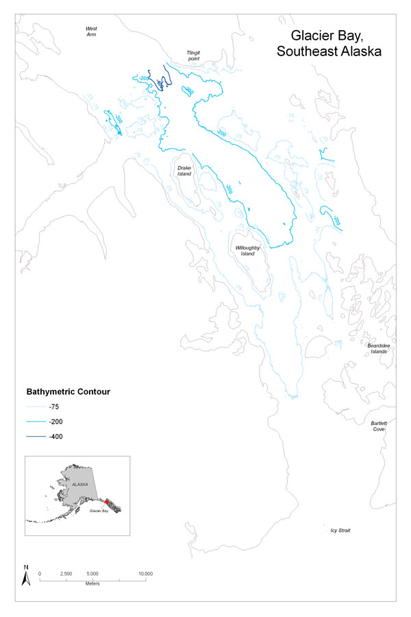 Map showing bathymetric contours at 75m, 200m, and 400m in Glacier Bay including an inset of the State of Alaska.